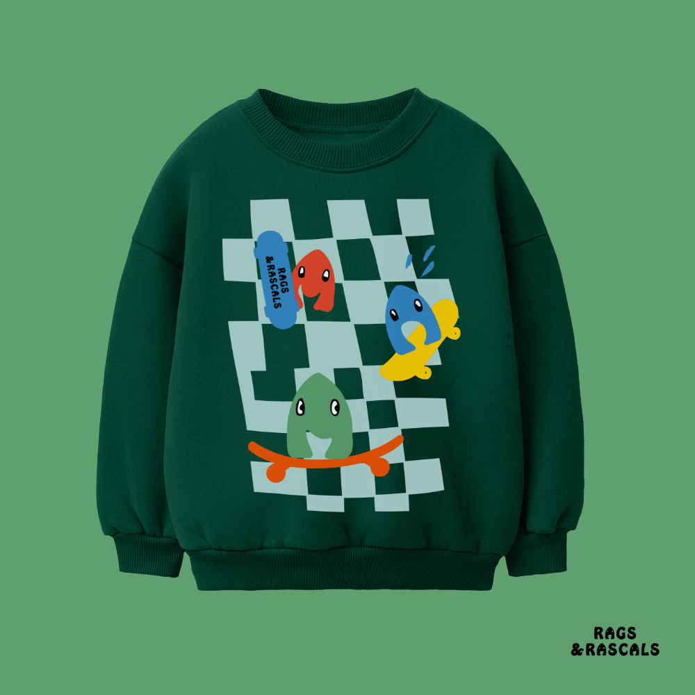 forest green sweatshirt with cartoon characters  featuring  "Rags and Rascals" monsters 