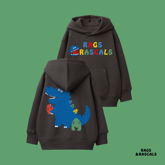 Dark grey hoodie with dinosaur design on front, from a children's brand called "Rags and Rascals".