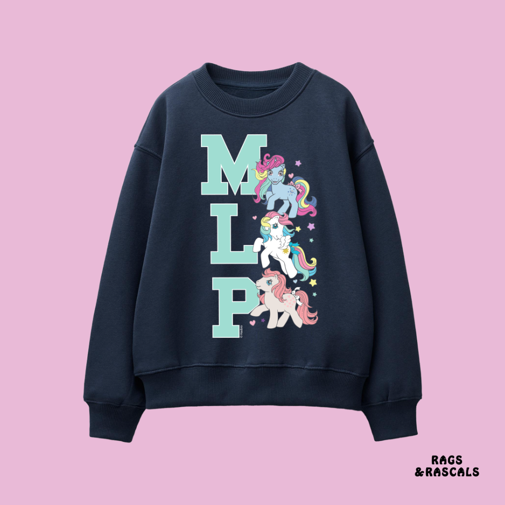 Navy blue sweatshirt with 'MLP' and unicorn graphics on a pink background, featuring the brand 'Rags & Rascals'.