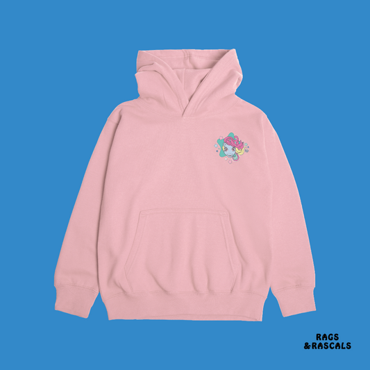 Pink hoodie with a colorful graphic on the chest against a blue background, featuring the brand 'Rags & Rascals'.