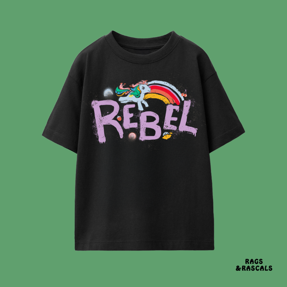 Black t-shirt with colorful 'REBEL' graphic and rainbow, from a children's brand called "Rags and Rascals".