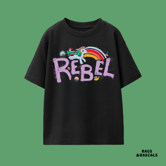 Black t-shirt with colorful 'REBEL' graphic and rainbow, from a children's brand called "Rags and Rascals".