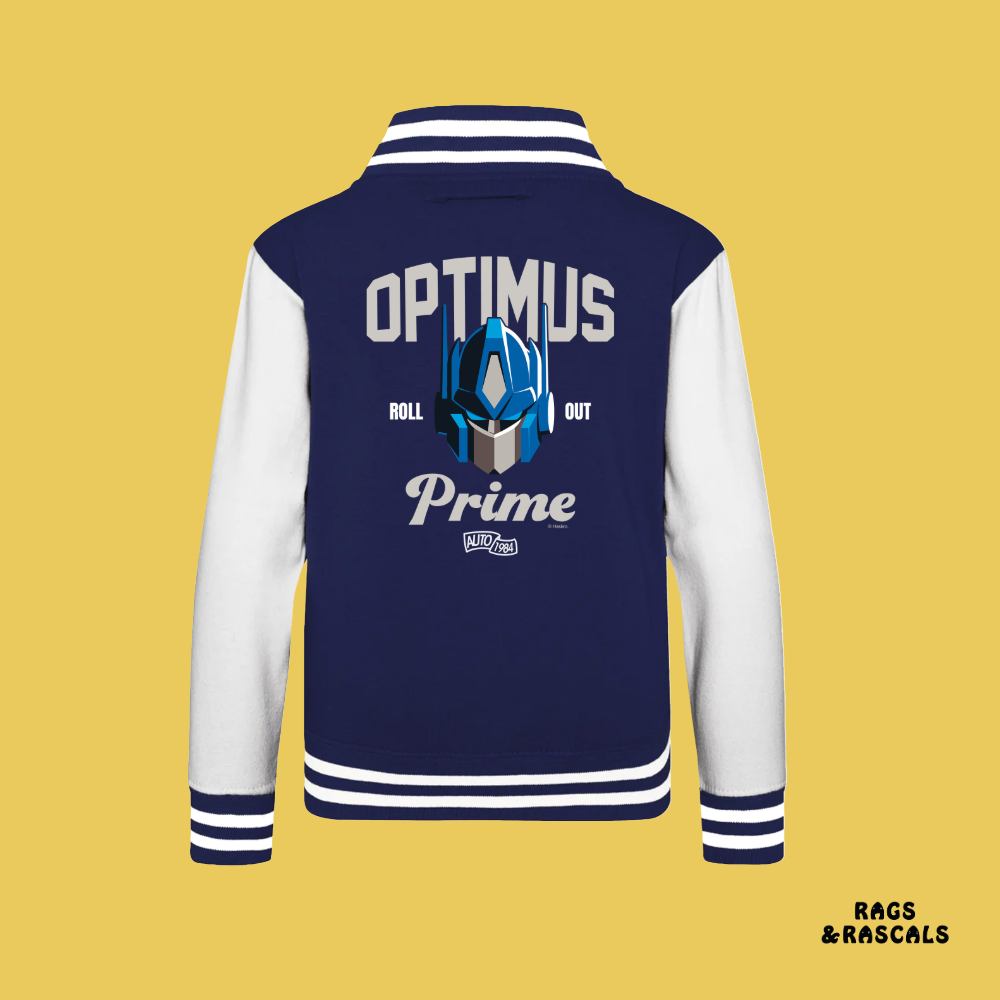 Navy and white varsity jacket with 'Optimus Prime' text and character on a yellow background