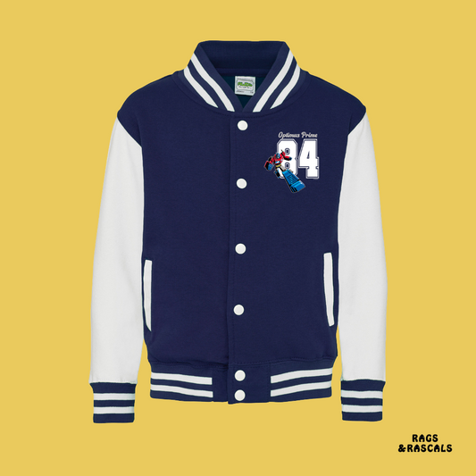  Optimus Prime Navy and white varsity jacket with cartoon character,  from a brand called "Rags and Rascals". 