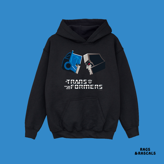 Black hoodie with Transformers logo, from a brand called "Rags and Rascals". 