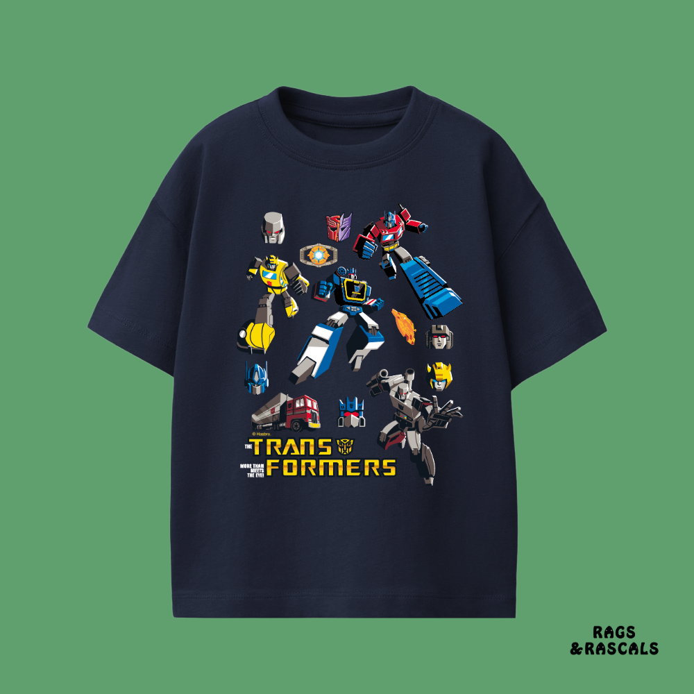 Navy blue t-shirt with Transformers characters, from a children's brand called 'Rags & Rascals'.