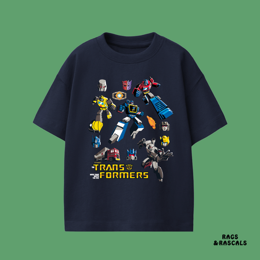 Navy blue t-shirt with Transformers characters, from a children's brand called 'Rags & Rascals'.