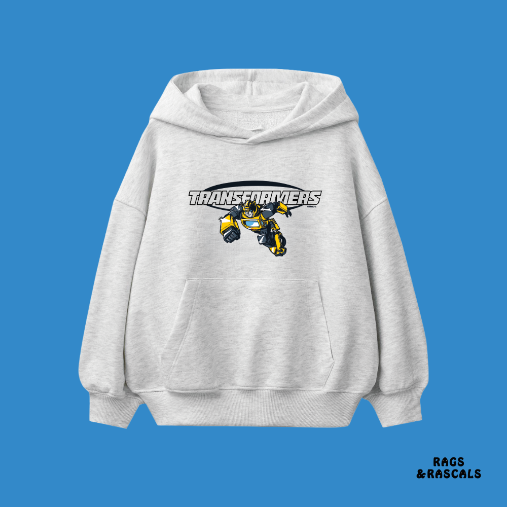 Light grey hoodie with Transformers logo, from a brand called "Rags and Rascals".