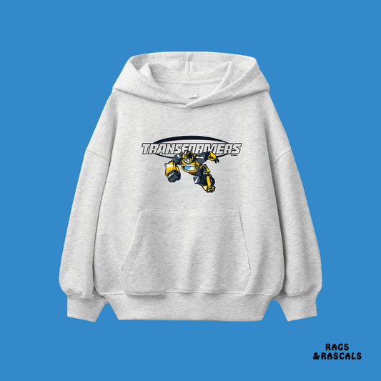 Light grey hoodie with Transformers logo, from a brand called "Rags and Rascals".