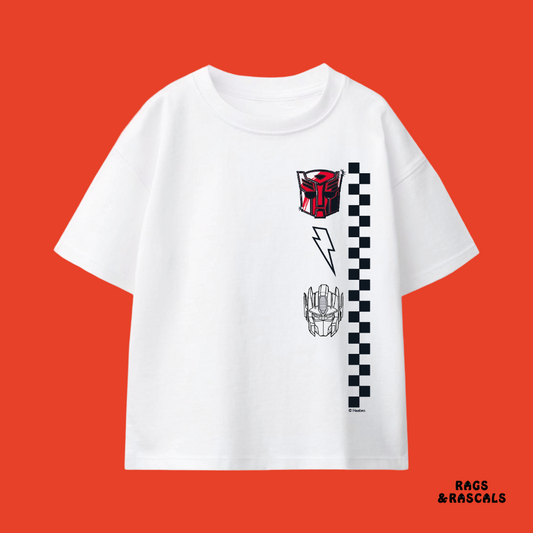 White Transformers t-shirt with graphic design, from a children's brand called 'Rags & Rascals'.