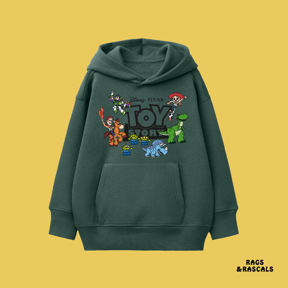 Forest green hoodie with Toy Story characters, from a children's brand called "Rags and Rascals".