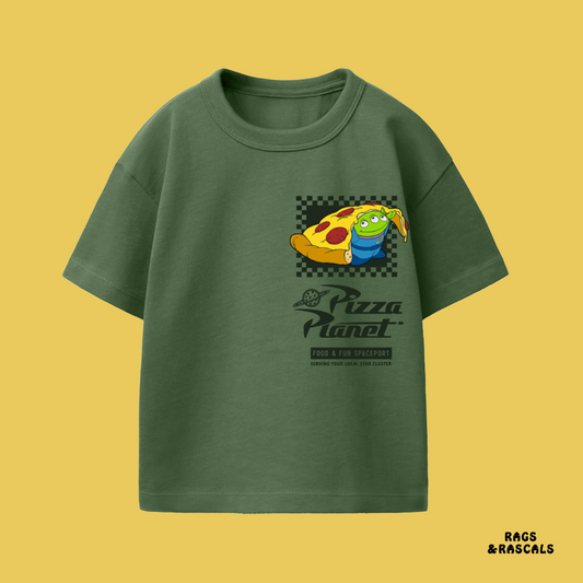 Green t-shirt with 'Pizza Planet' graphic with an alien,  from a children's brand called  "Rags and Rascals".