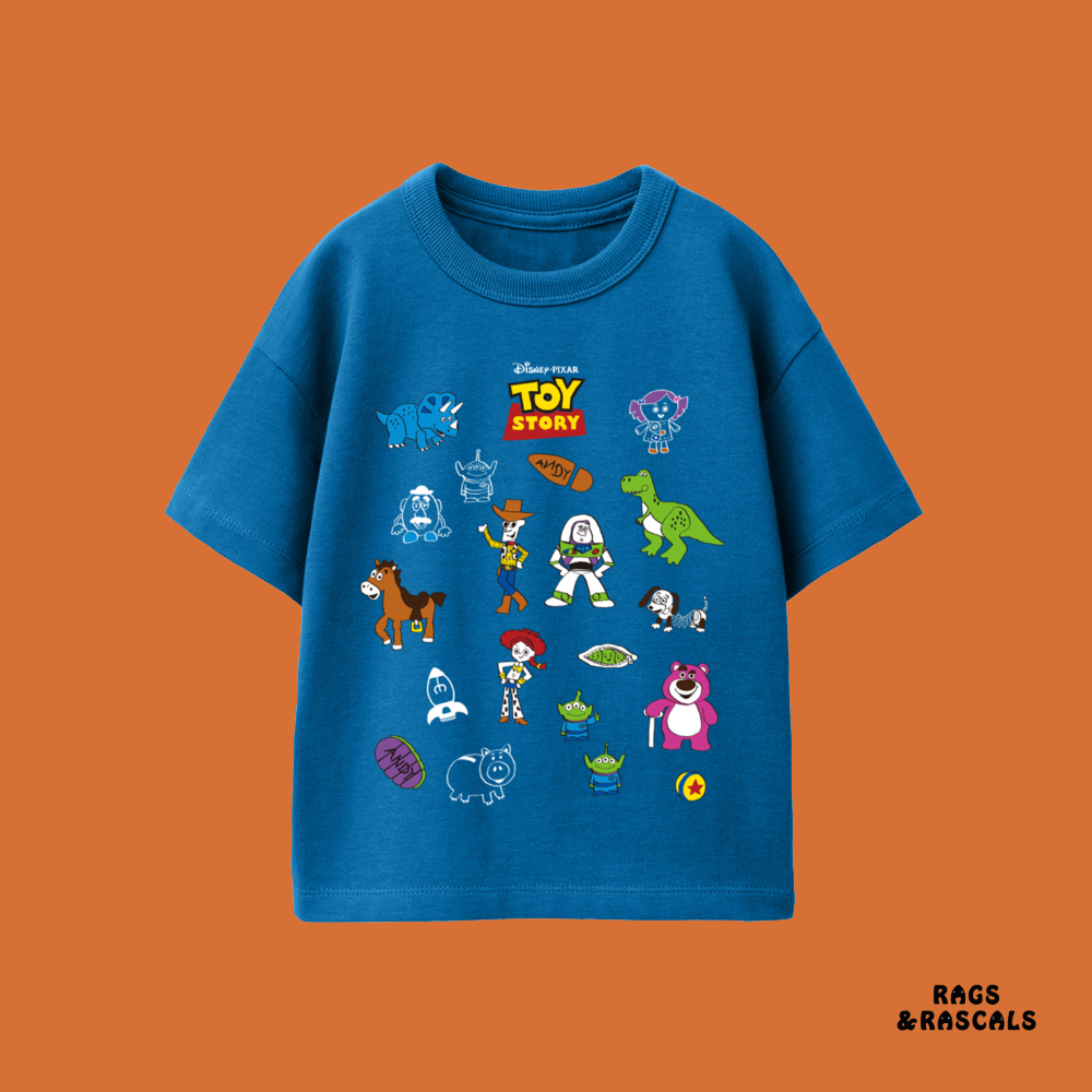 Blue t-shirt with Toy Story character graphics, from a children's brand called 'Rags & Rascals'.