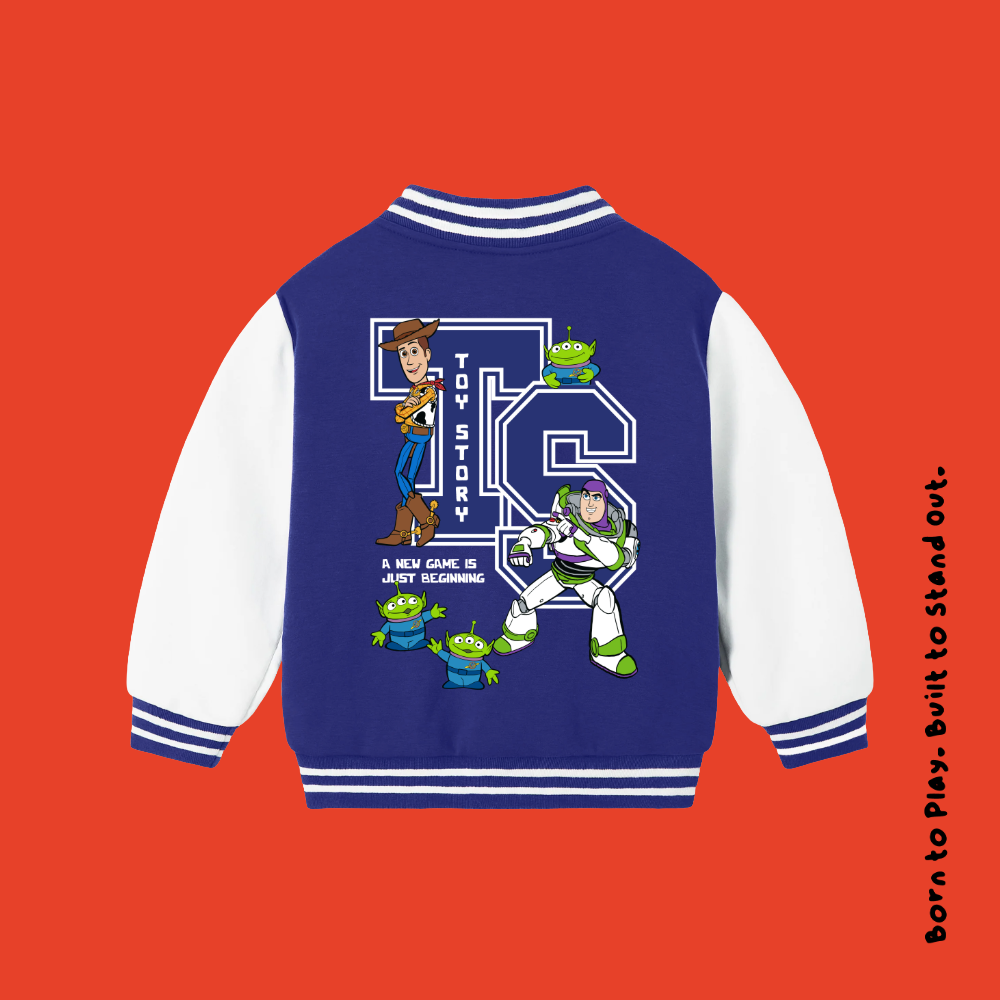 Toy Story-blue and white jacket with characters, from a children's brand called brand 'Rags & Rascals'.