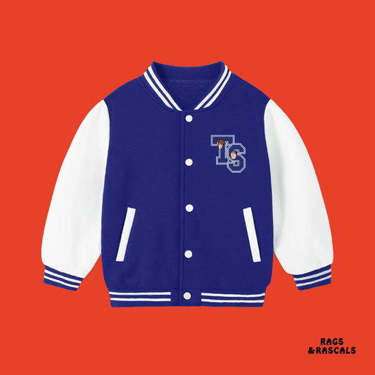 Blue and white varsity jacket with a logo on an orange background, featuring the brand 'Rags & Rascals'.