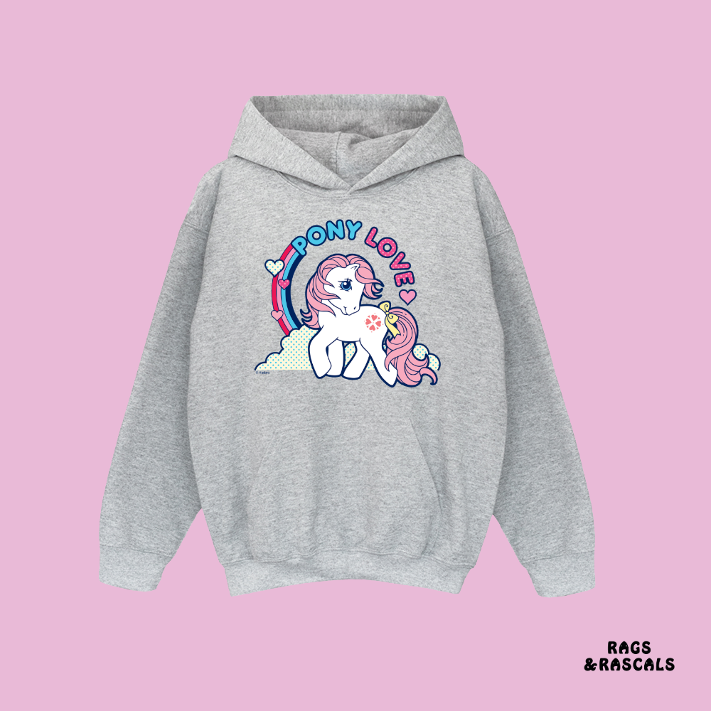 Gray hoodie with pony graphic and 'Pony Love' text on a pink background, brand 'Rags & Rascals'.
