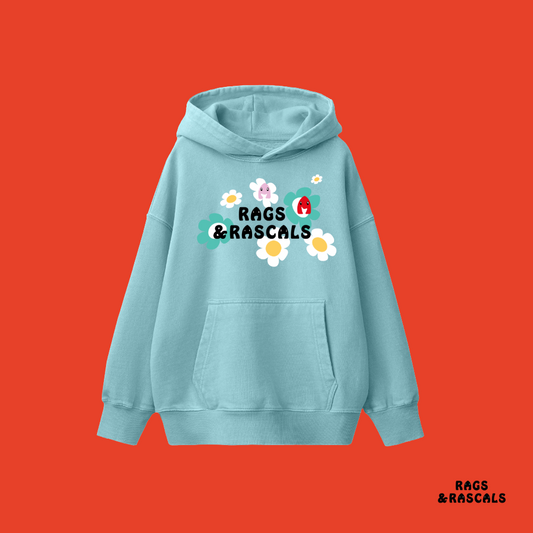 Light blue hoodie with 'Rags & Rascals' text and flower graphics. 