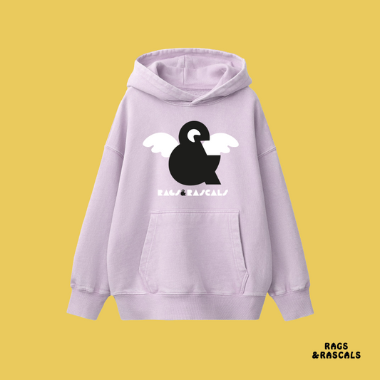 Light purple hoodie with a black and white graphic featuring children's brand called  "Rags and Rascals".
