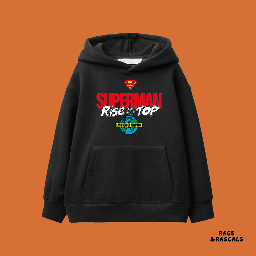 Black hoodie with Superman logo and text,  from a brand called "Rags and Rascals". 