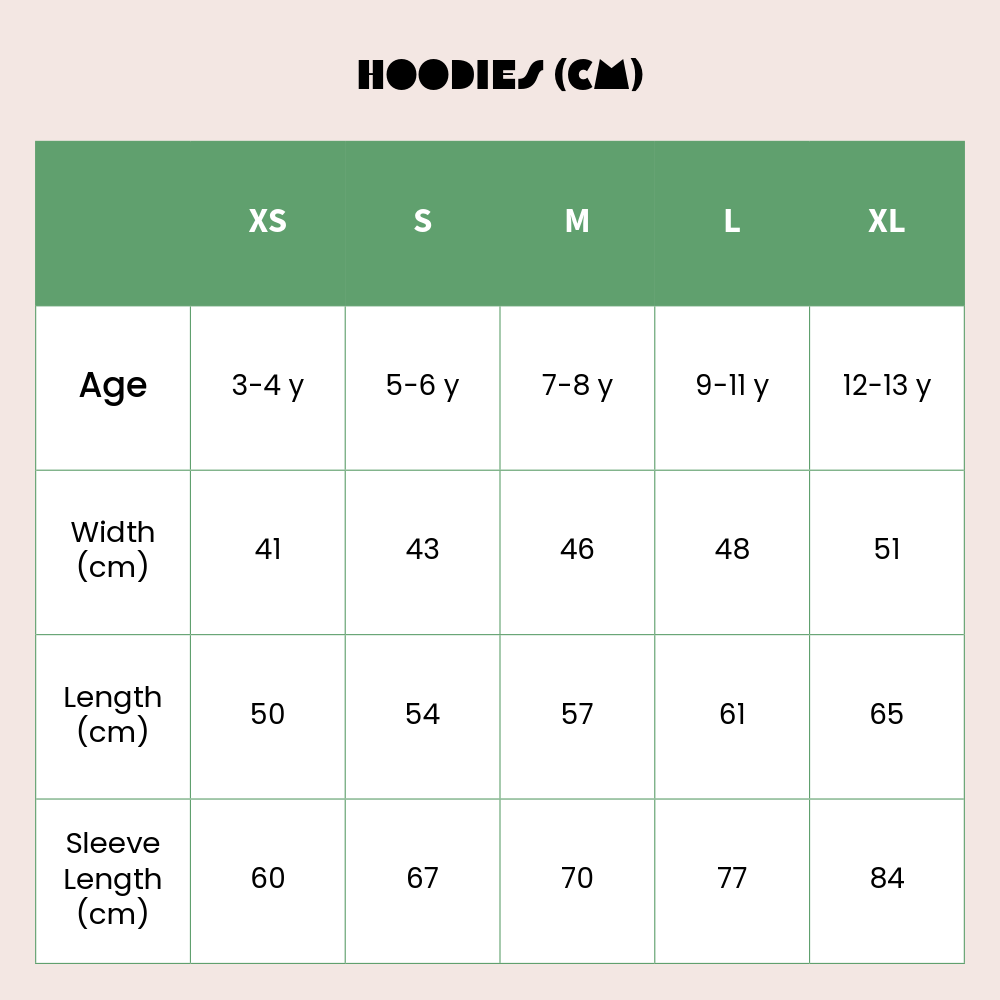 Size chart for hoodies in centimeters with age groups and dimensions.